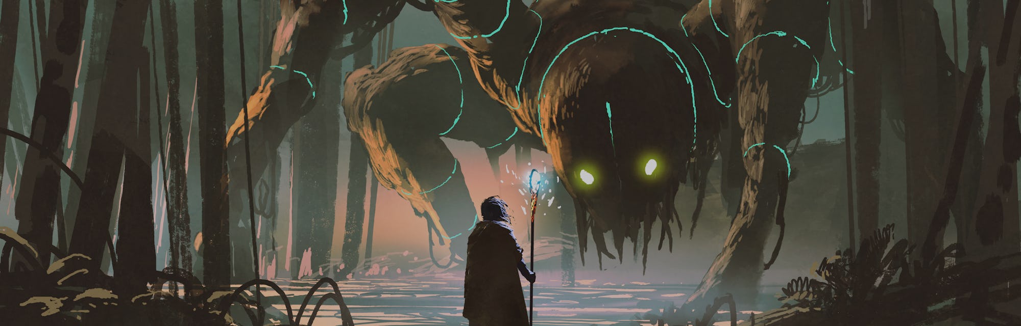 young wizard with magic staff and giant creature looking at each other in the forest, digital art st...