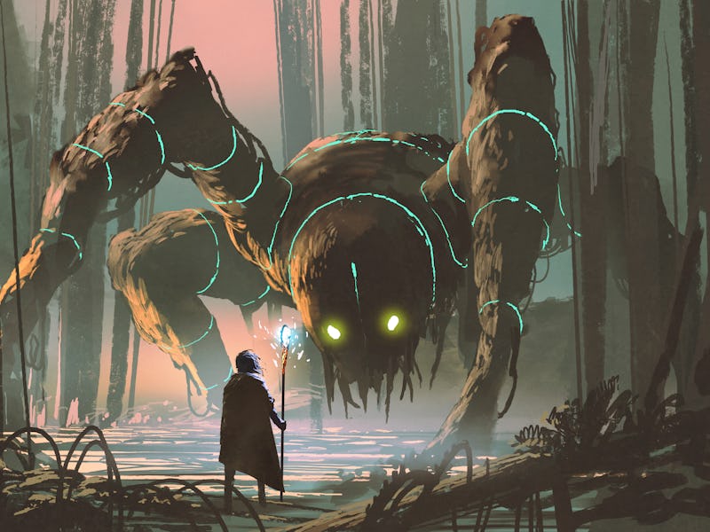 young wizard with magic staff and giant creature looking at each other in the forest, digital art st...