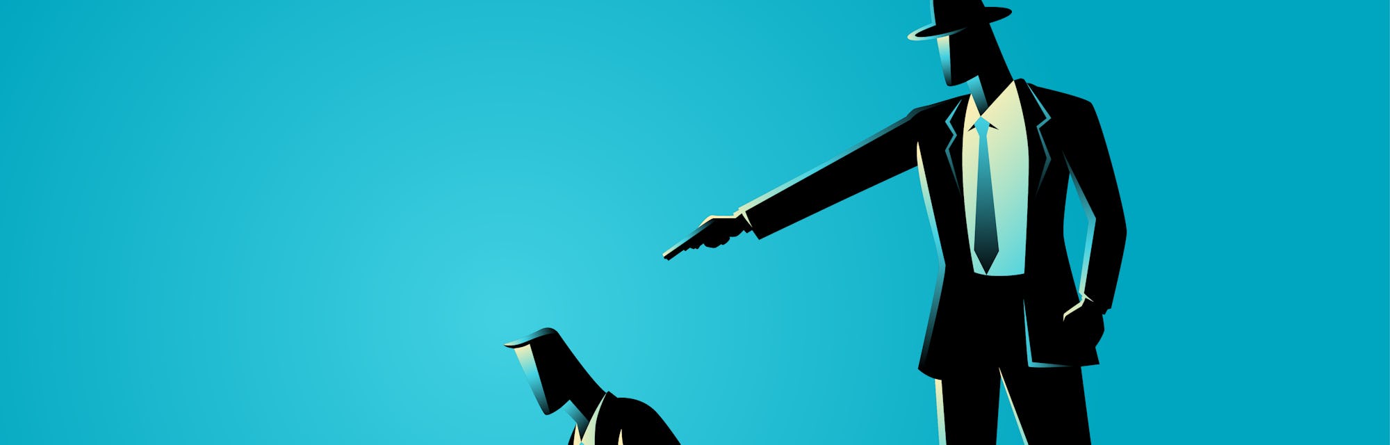 Silhouette illustration of a man aiming a gun to the kneeling man's head