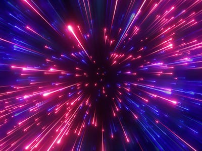 A digital illustration of red and blue firework-like sparkling cosmic rays