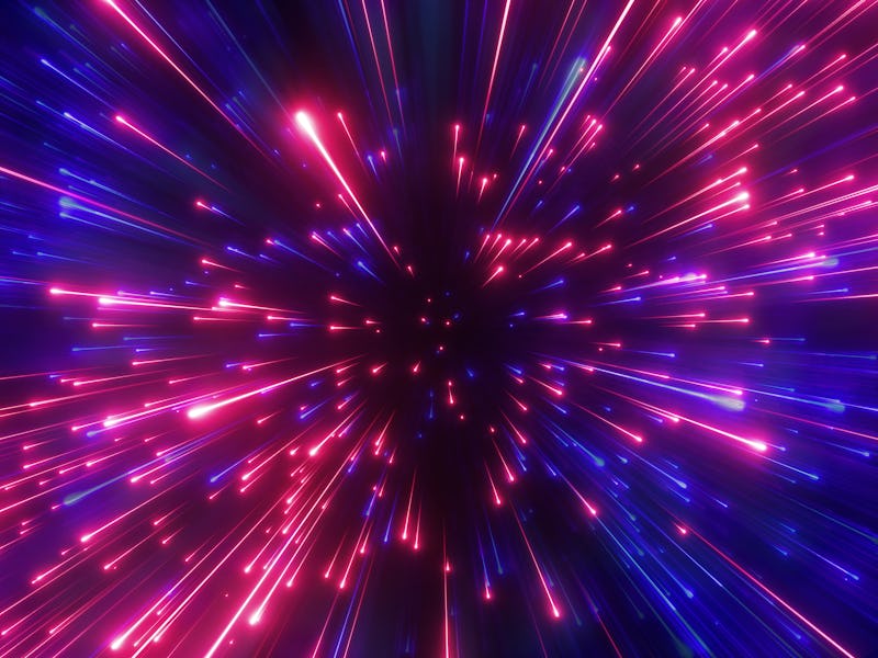 A digital illustration of red and blue firework-like sparkling cosmic rays