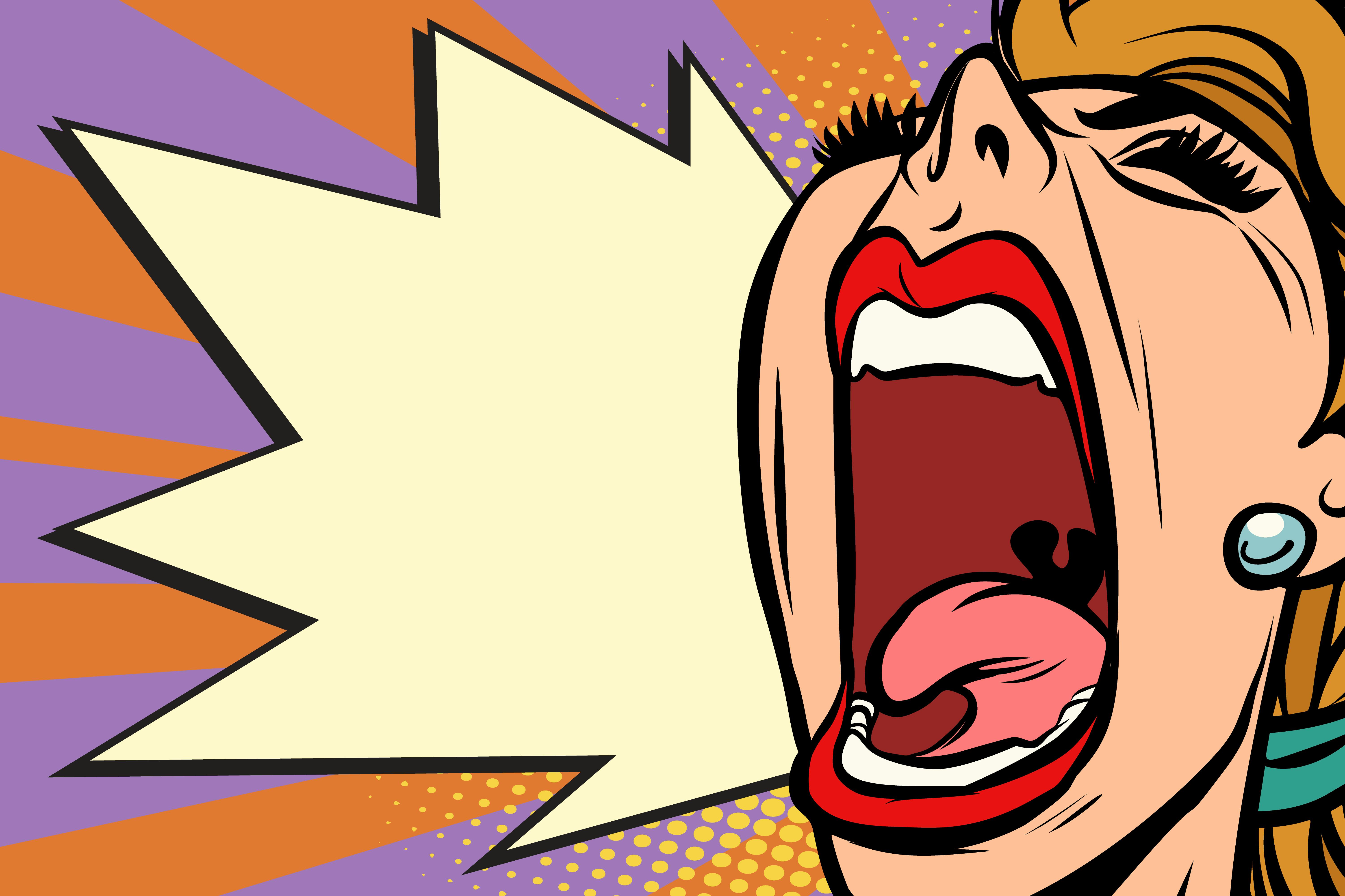 Close-up face pop art woman screaming rage. Comic book cartoon retro vector illustration drawing
