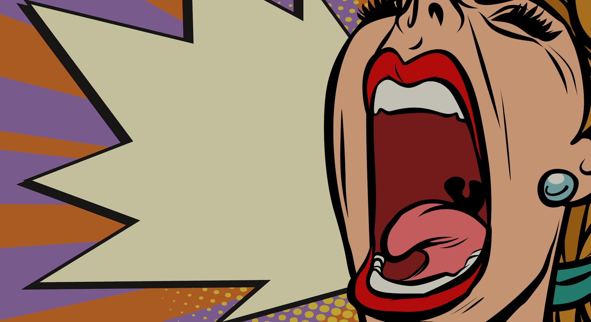 Close-up face pop art woman screaming rage. Comic book cartoon retro vector illustration drawing