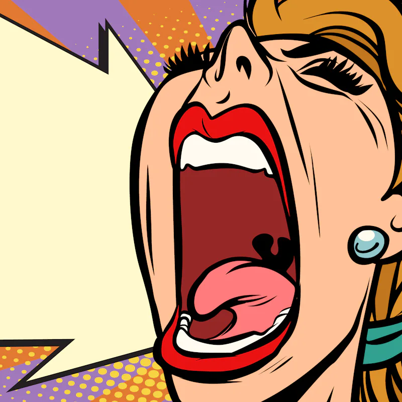 Close-up face pop art woman screaming rage. Comic book cartoon retro vector illustration drawing