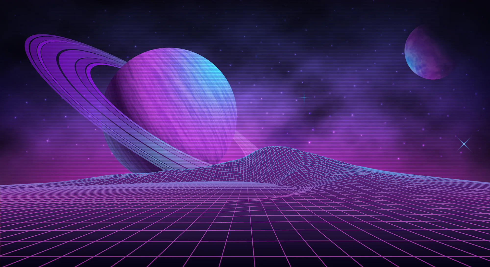 Futuristic retro landscape of the 80's. Vector futuristic illustration of planets with mountains in ...