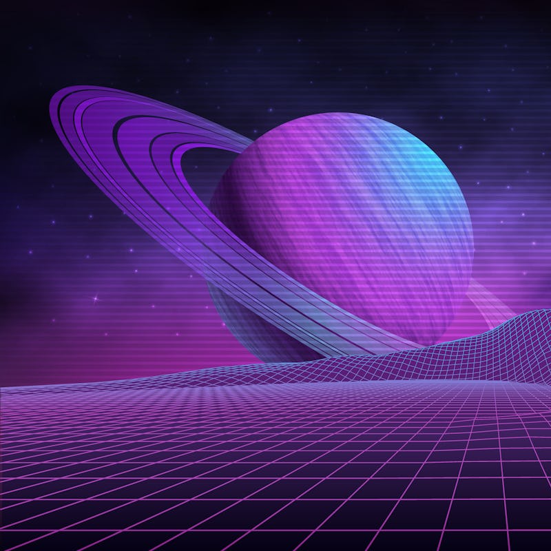 Futuristic retro landscape of the 80's. Vector futuristic illustration of planets with mountains in ...