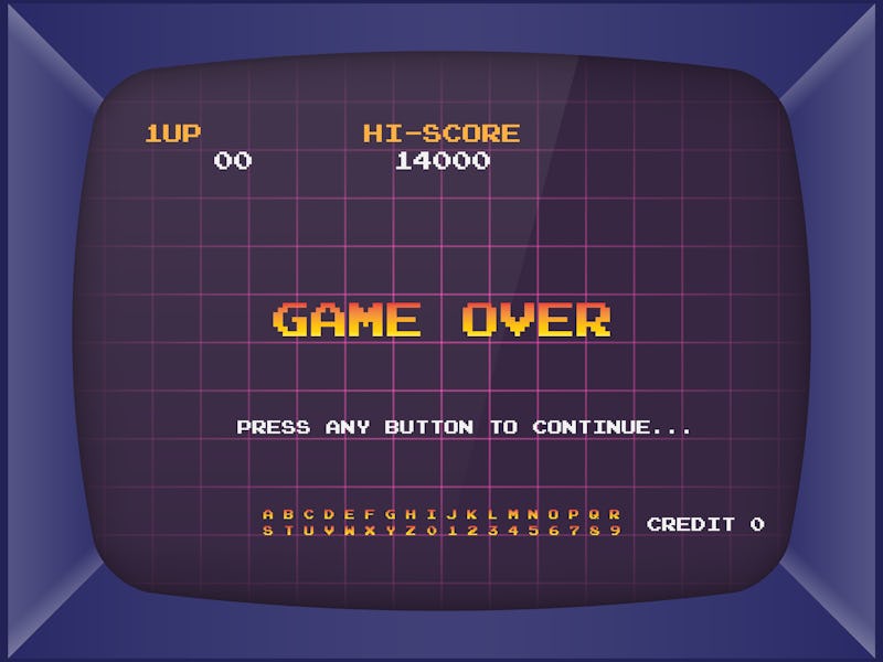 Retro arcade game machine. Screen background and font. Vector illustration.