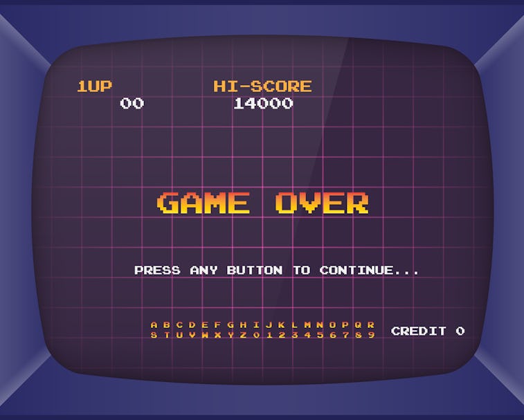 Retro arcade game machine. Screen background and font. Vector illustration.