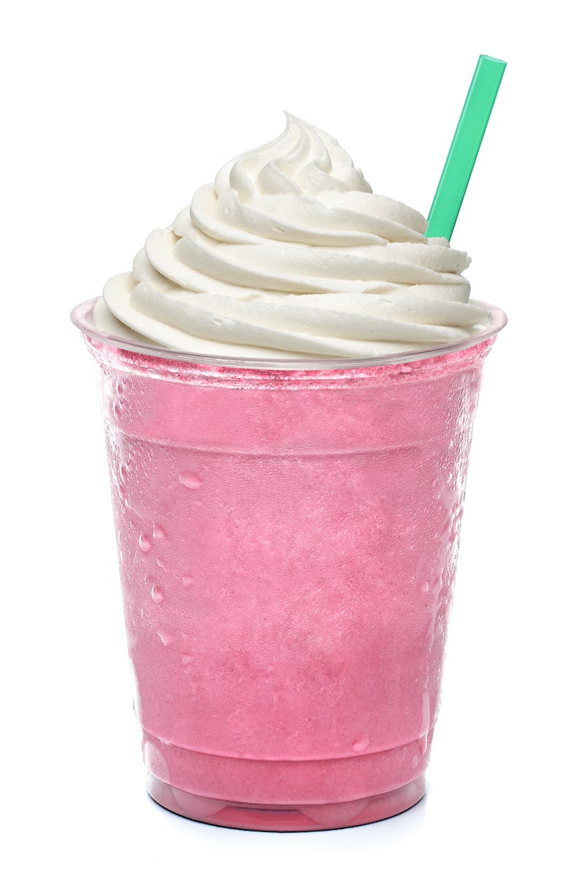Strawberry frappuccino, latte with creme on white background