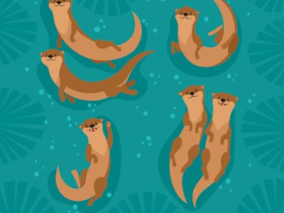 Vector set with cartoon brown otters, seaweed and bubbles on turquoise-blue background. Pretty anima...