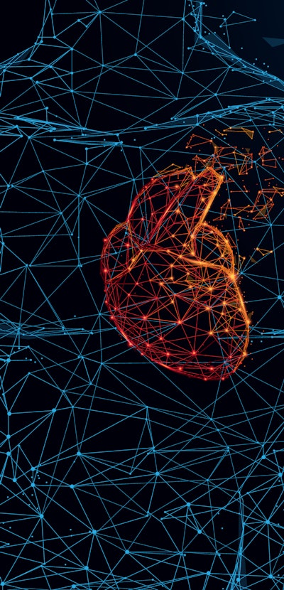 Human heart anatomy form lines and triangles, point connecting network on blue background. Illustrat...