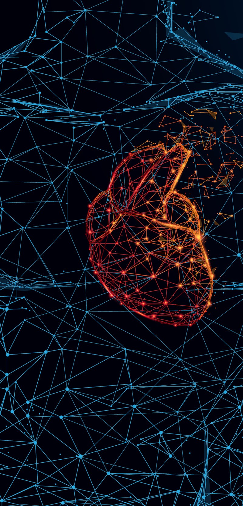 Human heart anatomy form lines and triangles, point connecting network on blue background. Illustrat...