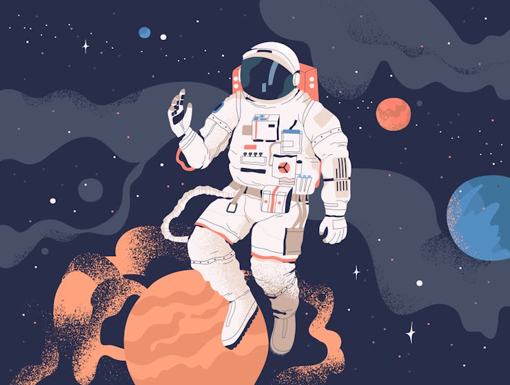 Astronaut exploring outer space. Cosmonaut in spacesuit performing extravehicular activity or spacew...