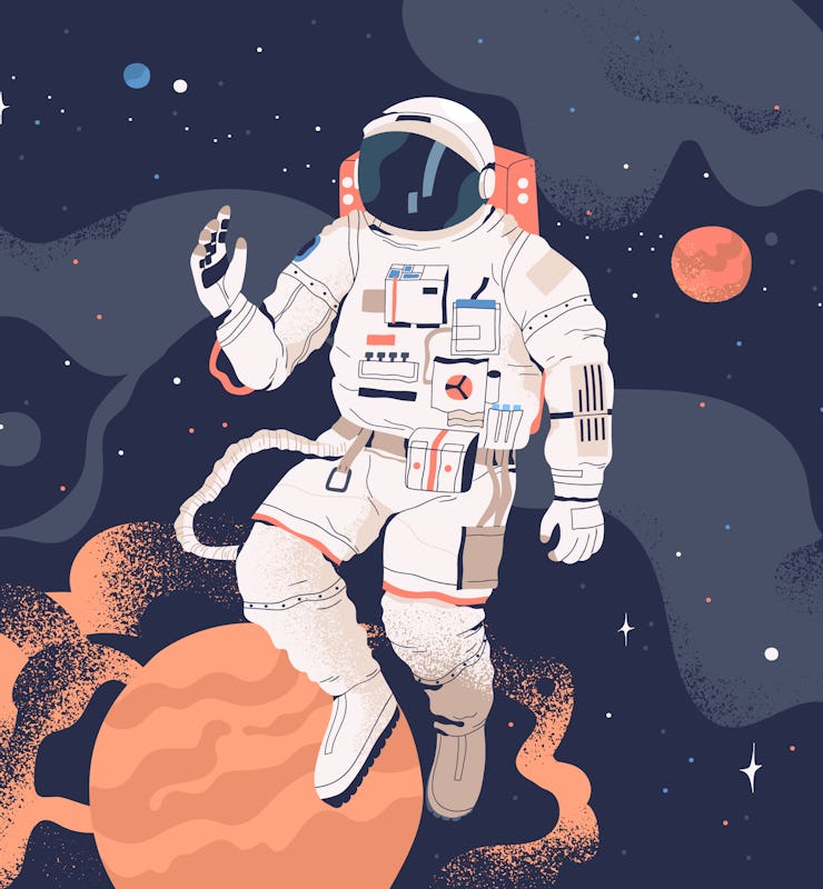 Astronaut exploring outer space. Cosmonaut in spacesuit performing extravehicular activity or spacew...