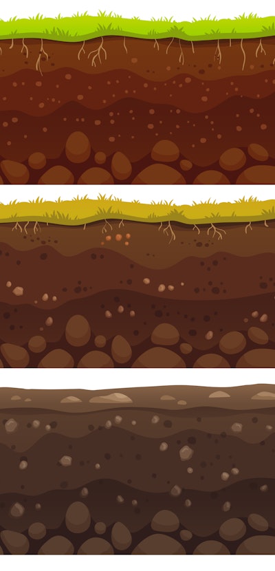 Seamless soil layers. Layered dirt clay, ground layer with stones and grass on dirts cliff texture, ...