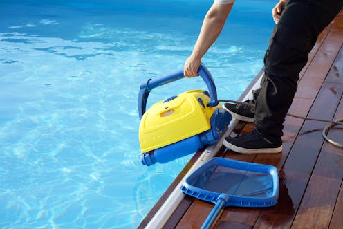 Pool cleaner during his work. Cleaning robot for cleaning the botton of swimming pools.