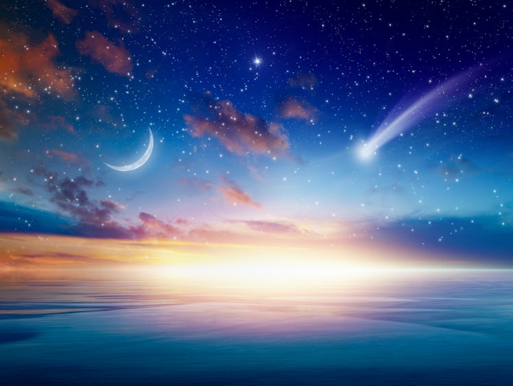 Amazing heavenly background - beautiful glowing sunset with falling comet - mystical sign in sky, ri...