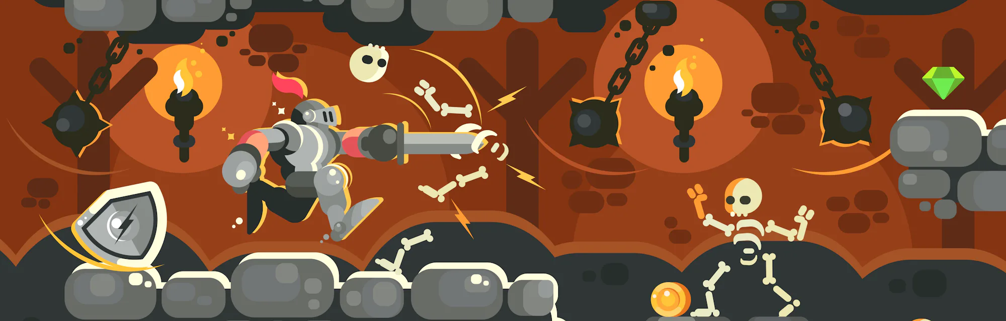 Knight in armor with sword in dungeon. Game interface with skeleton in castle. Vector illustration