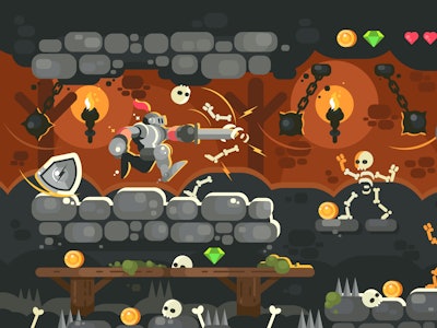 Knight in armor with sword in dungeon. Game interface with skeleton in castle. Vector illustration