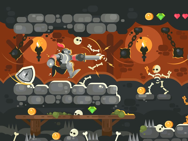 Knight in armor with sword in dungeon. Game interface with skeleton in castle. Vector illustration
