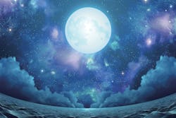 Surreal seascape with beautiful nebula, silver full moon and shimmering sea surface in fisheye view, 3d illustration