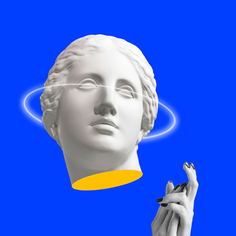 Modern conceptual art poster with ancient statue of bust of Venus. Collage of contemporary art.