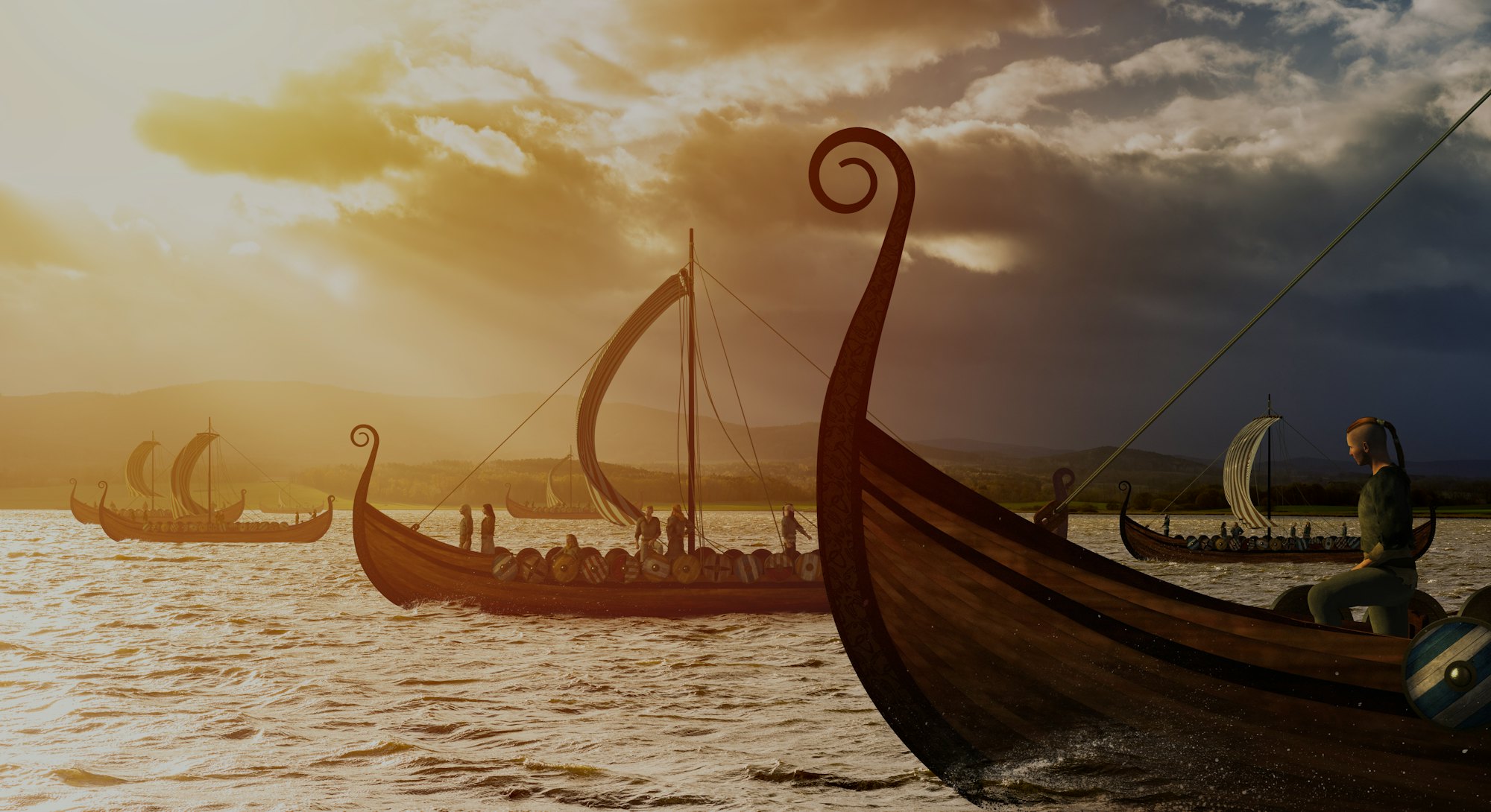 Viking ships on the water under the sunlight and dark storm. Invasion in the storm. 3D illustration.