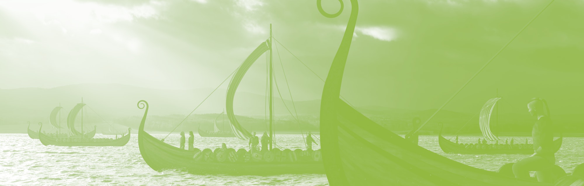 Viking ships on the water under the sunlight and dark storm. Invasion in the storm. 3D illustration.