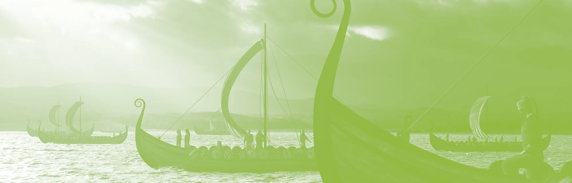 Viking ships on the water under the sunlight and dark storm. Invasion in the storm. 3D illustration.