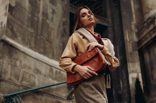 High Fashion Clothing. Beautiful Sexy Woman Wearing Fashionable Spring Or Fall Clothes ( Shirt, Scar...