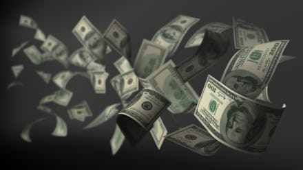 Banknote 100 dollar flying 3d render on dark background clipping mask inside