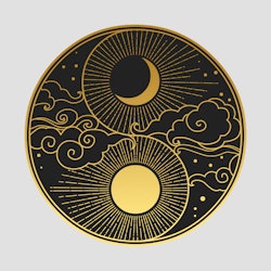 Decorative graphic design element in oriental style. Sun, Moon, clouds, stars. Vector hand drawn ill...