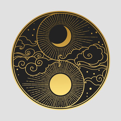 Decorative graphic design element in oriental style. Sun, Moon, clouds, stars. Vector hand drawn ill...
