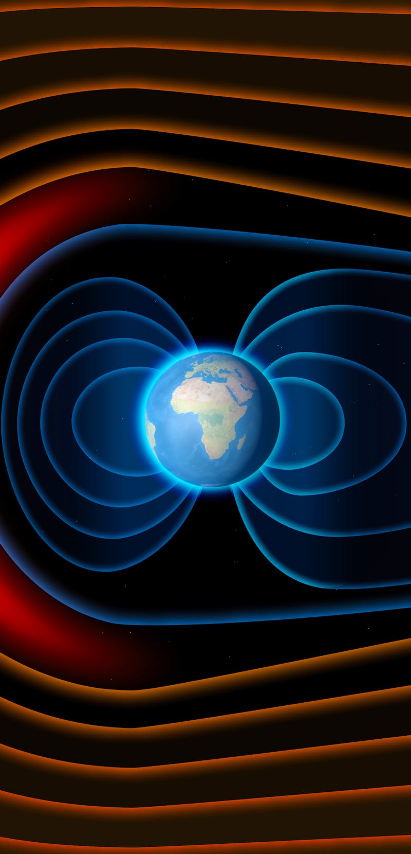 Earth's magnetic field, the Earth, the solar wind, the flow of particles. Sun. Element of this image...