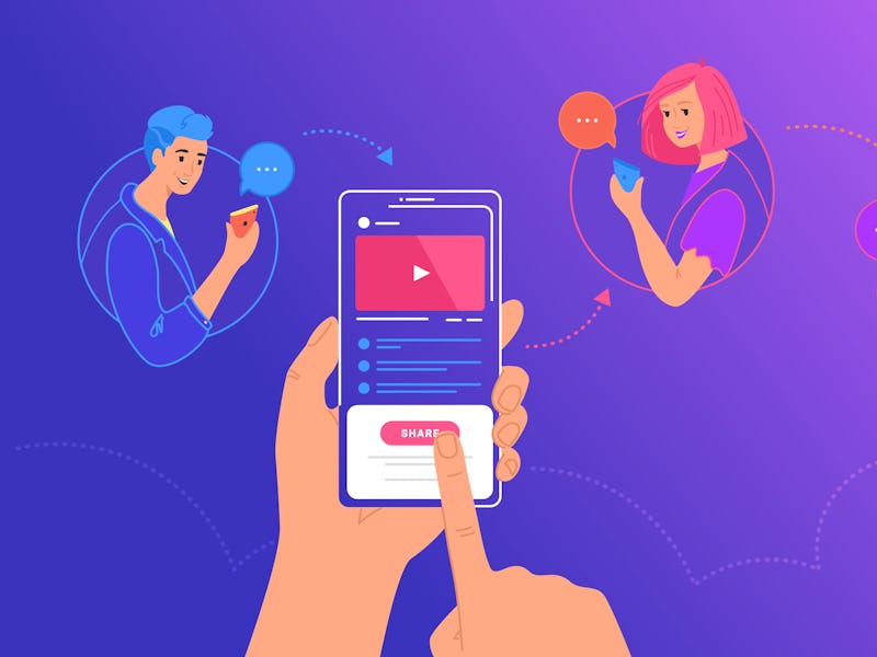 A group of three in separate bubbles can be seen on their smartphones. A hand is holding a smartphon...