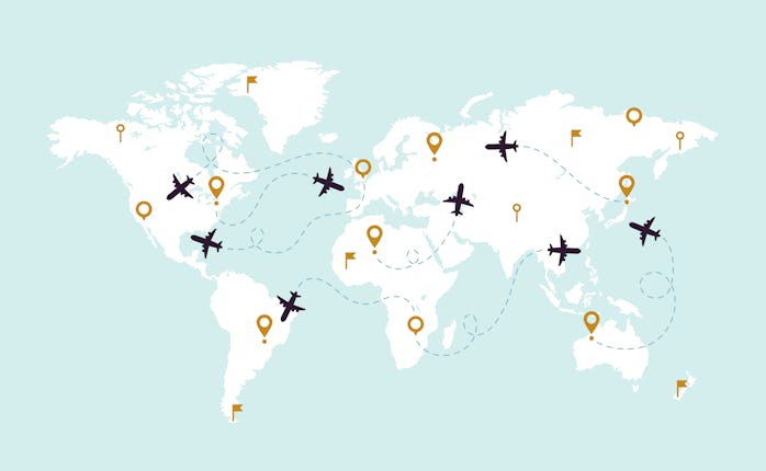 A world map with planes in navy blue and location points in mustard. The countries are painted white...