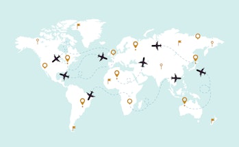 A world map with planes in navy blue and location points in mustard. The countries are painted white...