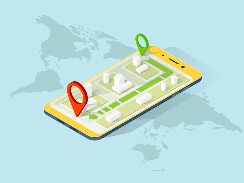 A smartphone with two location points in green and red can be seen. It is placed on top of the world...