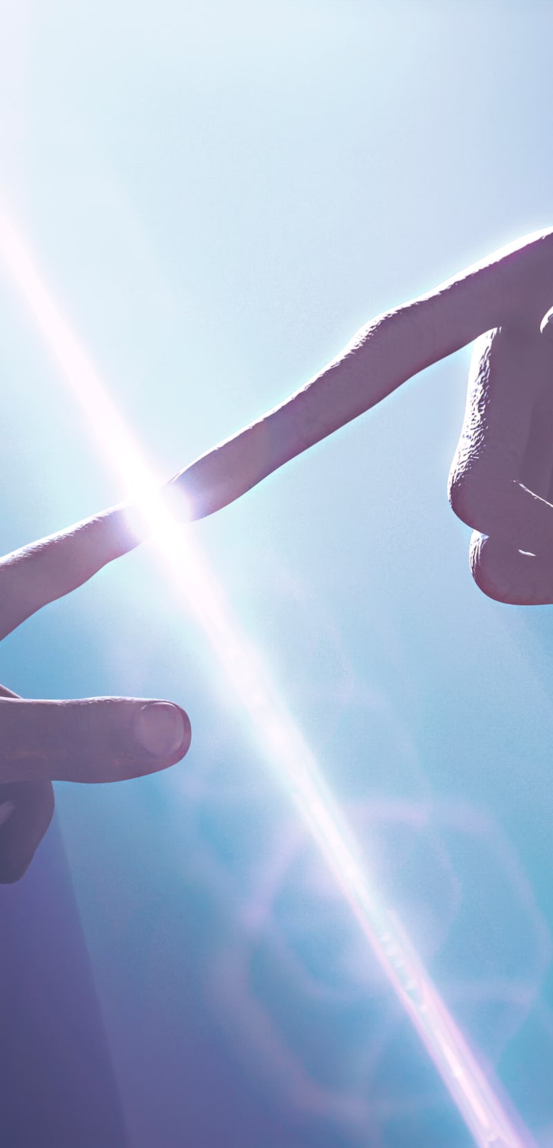Extraterrestrial hand contact human hand - alien first contact - artistic representation - 3d rende...