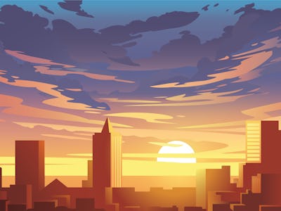 Evening city panorama, vector, sunset. Flat anime style