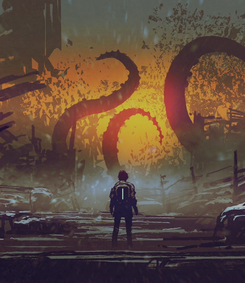 man looking at a tentacle monster that destroys the city, digital art style, illustration painting
