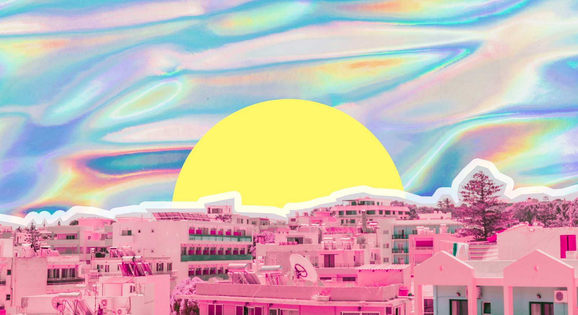 City view on psychedelic colorful sky background in holographic style. Tropical travel concept. Surr...