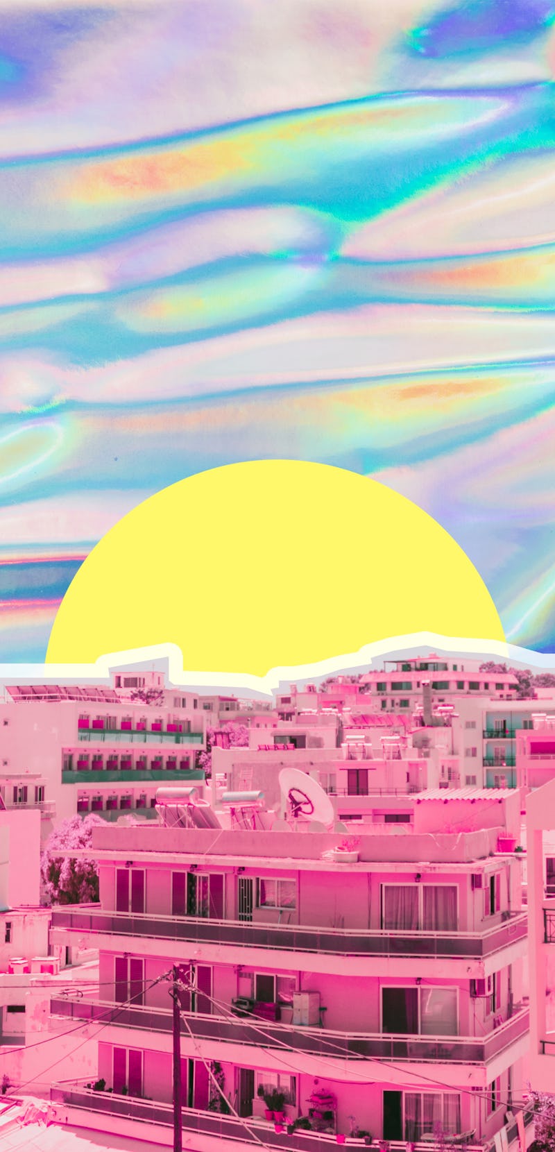 City view on psychedelic colorful sky background in holographic style. Tropical travel concept. Surr...