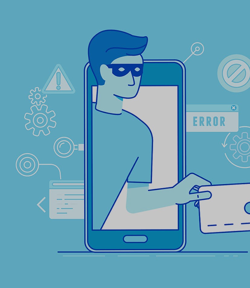Vector illustration in modern flat linear style. A hacker can be seen stealing credit card data. The...