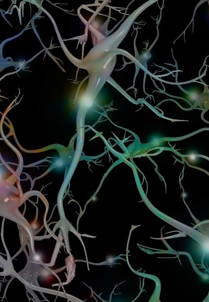 Brain cells with electrical firing. 3D rendering