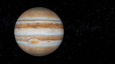 Jupiter with text space on the right. Realistic 3D Jupiter and stars. Jupiter from space.