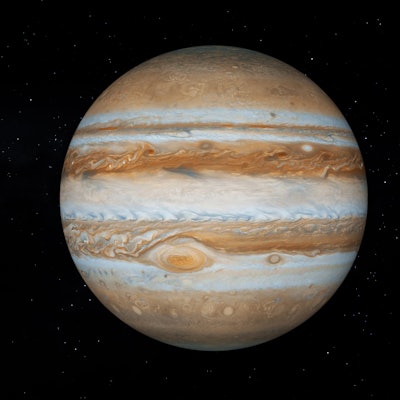 Jupiter with text space on the right. Realistic 3D Jupiter and stars. Jupiter from space.