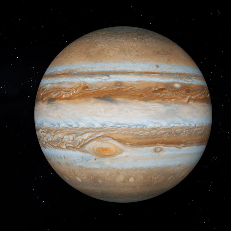 Jupiter with text space on the right. Realistic 3D Jupiter and stars. Jupiter from space.