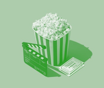Cinema and entertainment: popcorn, clapperboard and movie theater tickets.