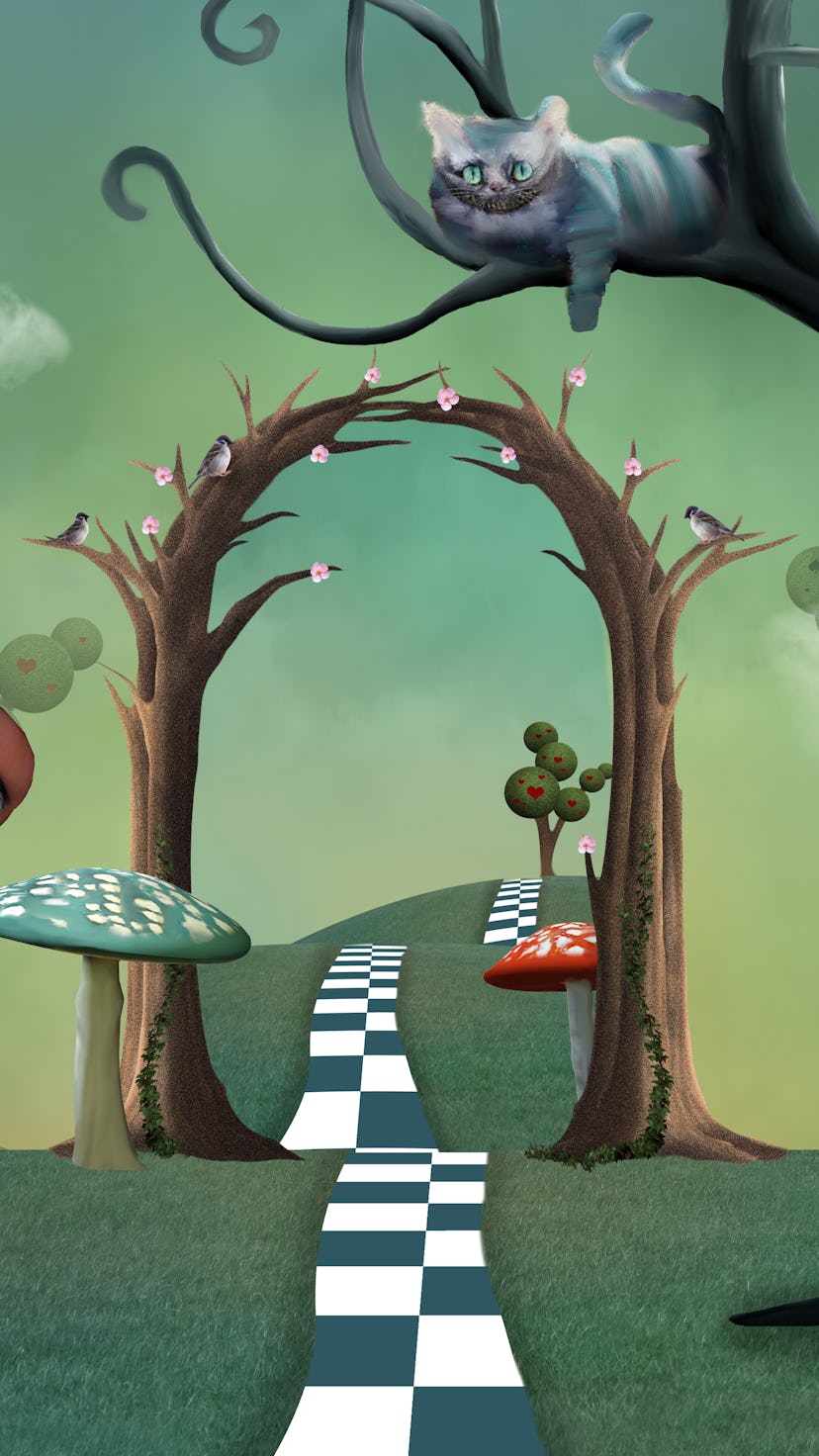 Wonderland surreal landscape with a magic passage and a cheshire cat watching the scene on a tree br...